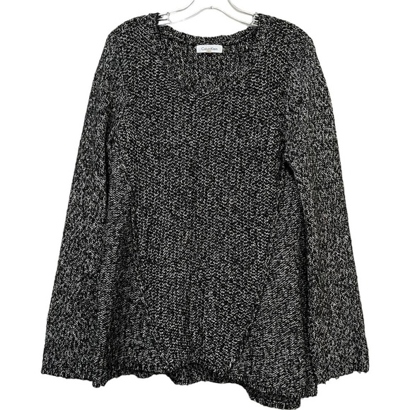 Calvin Klein Large Black White Gray Heathered Long Sleeve Raw Hem Sweater O - Picture 1 of 4
